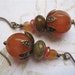 Sun Dried Tomato Antiqued Earrings Czech Glass Vintage Beads Repurposed Orange Brown Green Brass Botnical Style