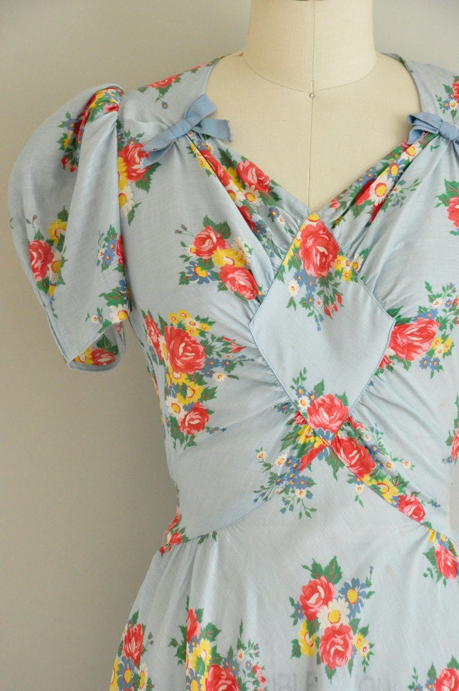 vintage 1930s dress / 30s floral cotton gown/ 1930s rare bias