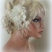 Ivory or white chiffon flower bridal fascinator with french net bridal veil, pearl stamens, feathers, Bridal Wedding, Ship Ready