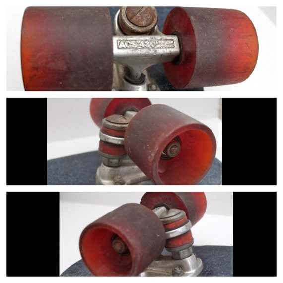 vintage ACS 430 skateboard trucks on blue 70s fiberglass