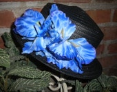 Women's black hat -royal blue flowers - Derby hat - church hat - dress hat - Tea party hat - garden party hats