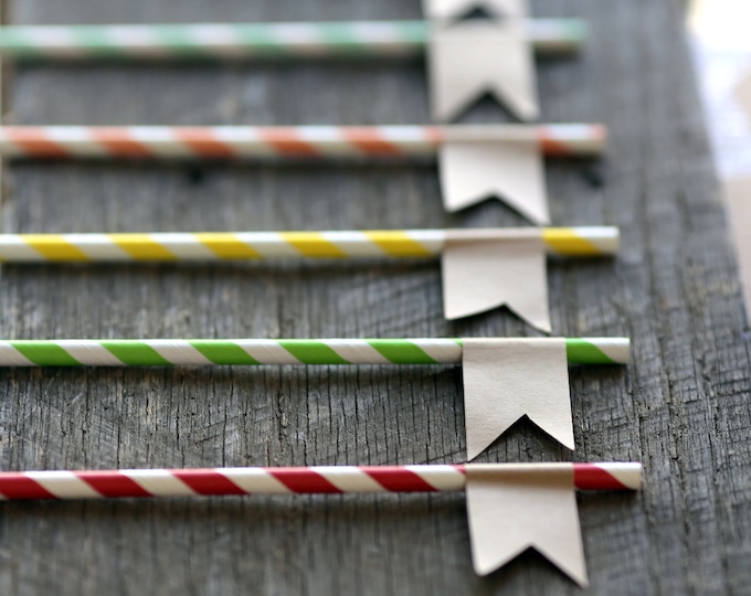 Paper Straws with Kraft Flag - set of 6 - Great for Parties & Weddings - Party Drinks, Cake Toppers, Gift Toppers, Favors