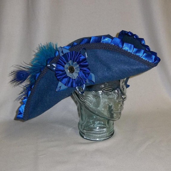 Deluxe Blue Pirate Hat Tricorn with Blue Trim and Feathers