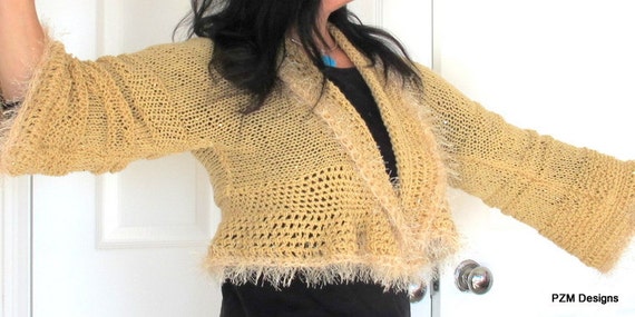 Sequined knit cardigan sweater beige knit shrug with by pzmdesigns