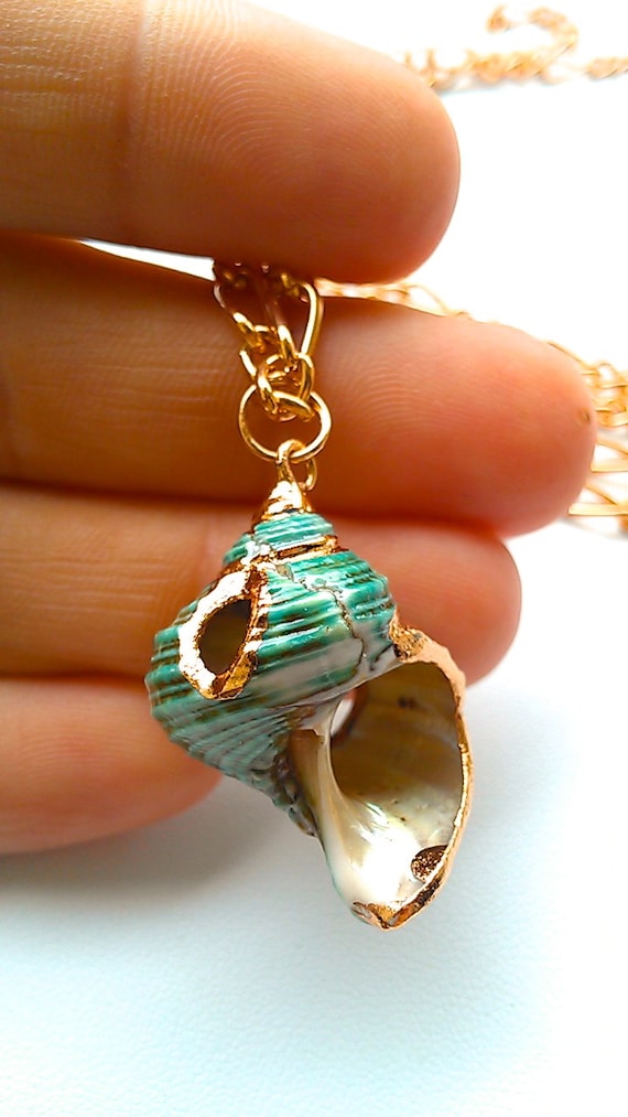 Teal Snail Shell Necklace- Laced with Liquid Rose Gold- MALIBU Collection- Summer 2014