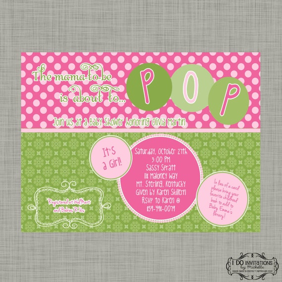 The mama to be is about to POP Baby Shower Invitation - Pink & Green - Digital File Il_570xn