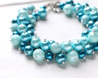 Teal Blue Wedding Bridesmaid Jewelry Pearl Cluster Bracelet, Bridal Party - Bubbles LAST ONE