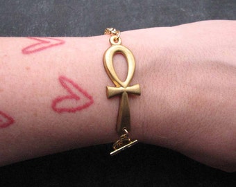 ankh bracelet - in golden brass - key of life egyptian hieroglyphic jewelry