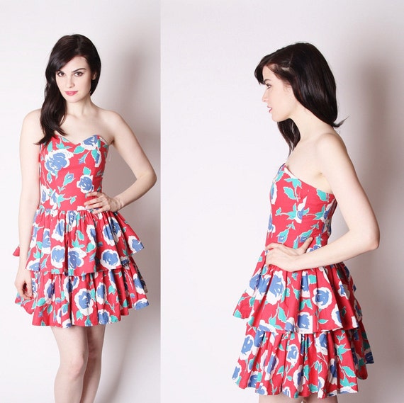 Strapless Floral Short Ruffle Cotton Party Dress / 80s Party