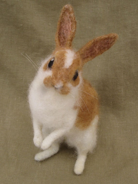 Rabbit with caramel colored spots needle felted animal made