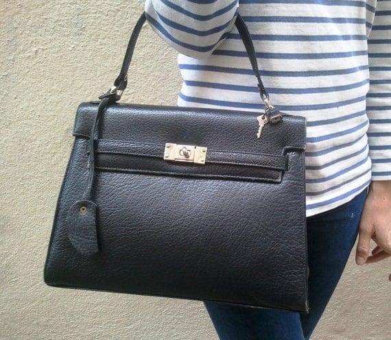 French Vtg black Leather handbag Hermès kelly birkin style