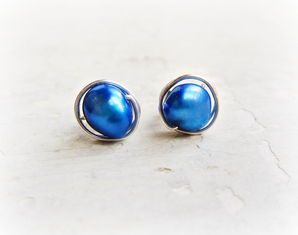 Royal Blue Post Earrings Freshwater Pearl Stud by ContempoJewelry