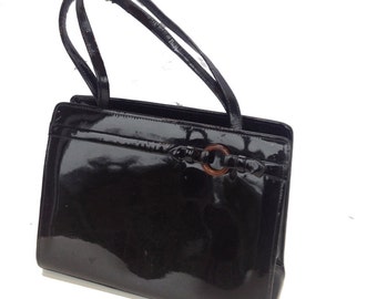 Betty D, French Vintage, Black Patent Leather, 1950s, Mad Men Style, Handbag from Paris