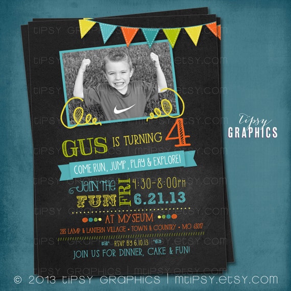 Tumble, Jump Flip & More. Photo Chalkboard Trampoline Bounce House or Little Gym Birthday Party Invite by Tipsy Graphics Il_570xn