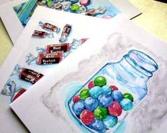 Gumballs Taffy Tootsie Rolls and Marshmallows Candy Watercolor Art Notecards (Ed. 3), Set of 12
