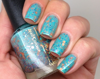 Nail polish - "Serenity" copper, turquoise and lavender glitter in a green base