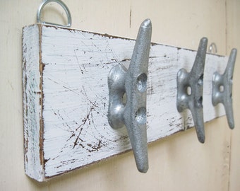 Boat Cleat Key Rack Distressed White Nautical