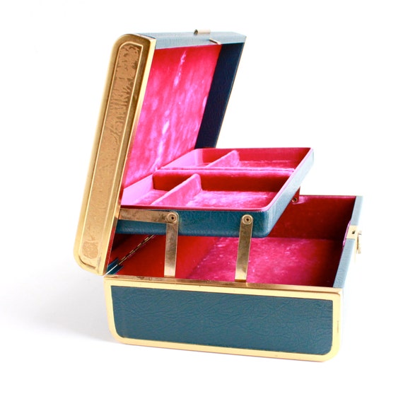Vintage Navy Blue & Pink Jewelry Box 1950s Golden Filigree