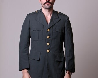 Medium - 60s Mens Army Jacket - Vintage Green Military Jacket - Gold Buttons