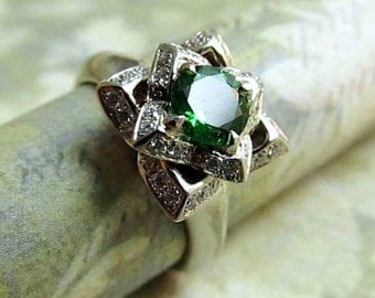 lotus ring paved with diamonds and green chrome diopside gemstone in 14k white gold handmade wedding or engagement ring by james christian - Lotus Wedding Ring lotus ring paved with diamonds and green chrome diopside gemstone in 14k white gold handmade wedding or engagement ring by james christian - Lotus Wedding Ring