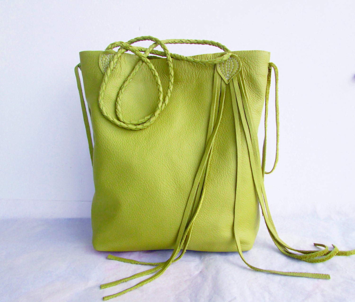 lime green leather handbag tote market bag with fringe by tuscada