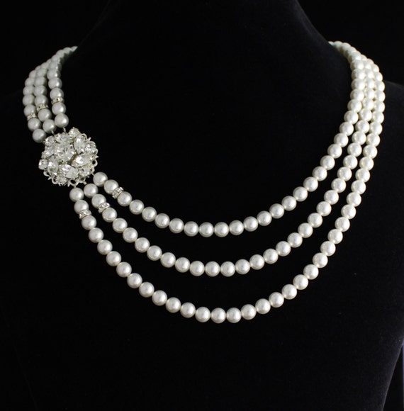 Items similar to Vintage Style Bridal Necklace, Multi Strand Pearl ...