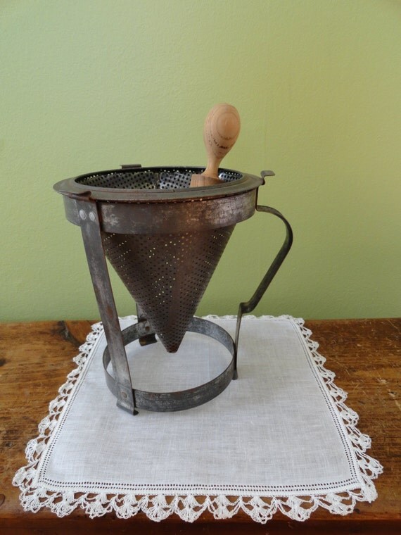 Vintage Tin Canning Sieve or Food Mill & Wood Pestle