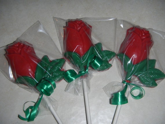 Items similar to 12 Red With Stem Chocolate Rose Lollipops on Etsy