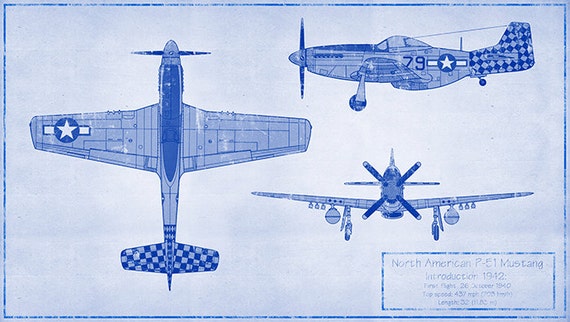 Items similar to P-51 Mustang blueprint high quality print 30"x17" on Etsy