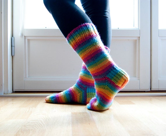 Items Similar To Hand Knitted Socks In Neon Rainbow Colors Warm Wool Blend Socks Pink Yellow 