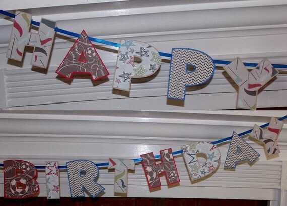 Happy Birthday Letter Banner ...Khaki Blue Red ... sports stars flags ... vintage ... adjustable Il_570xn