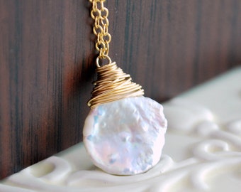 White Keishi Pearl Necklace Freshwater Summer Jewelry Simple Wire Wrapped Gold Filled Free Shipping