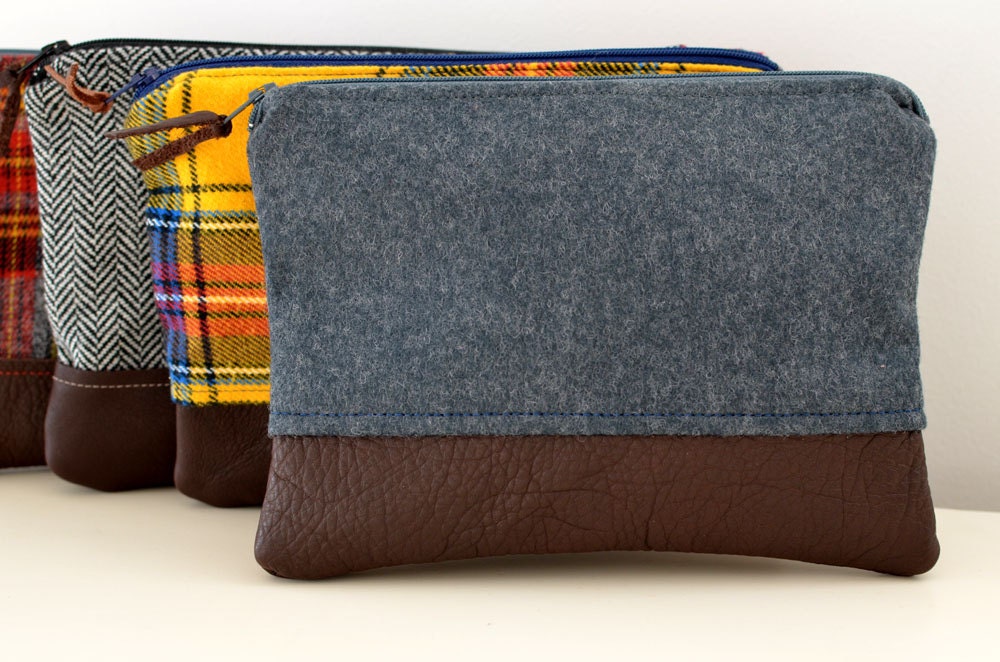 Tech Case in Gray Wool and Leather mens zipper pouch dopp kit