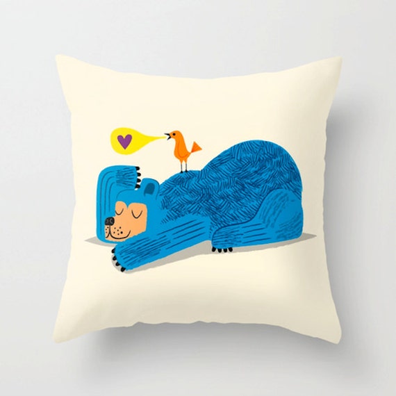 The Bear and The Bird - Children's Decor - Throw Pillow / Cushion Cover (16" x 16") iOTA iLLUSTRATION