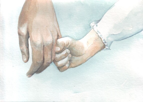 Original watercolor painting little girl hand holding