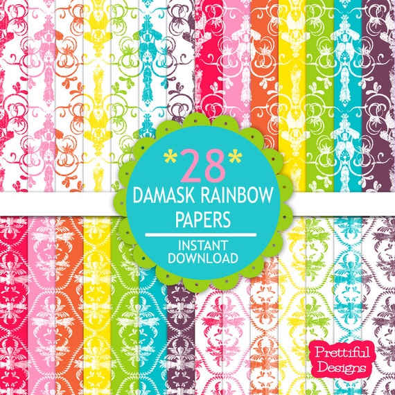 35% OFF SALE Digital Paper Pack - Personal and Commercial Use - Damask Rainbow (569) Il_570xn