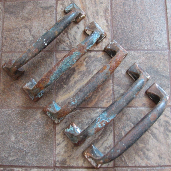 Vintage Drawer Pull Handles Copper Patina Rusty Set of