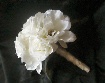 Magnolias and Roses Bridal Bouquet, White Magnolia Bouquet, Silk Wedding Flowers