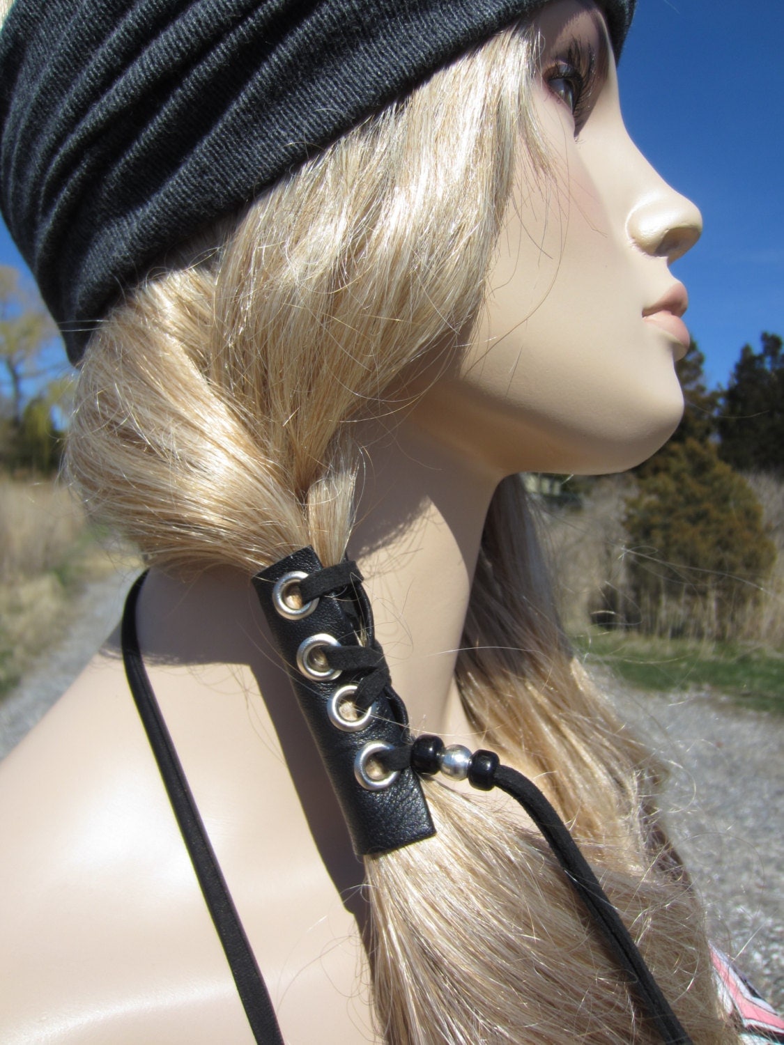Black Leather Hair Wraps Braid Tie Beaded by Vacationhouse on Etsy