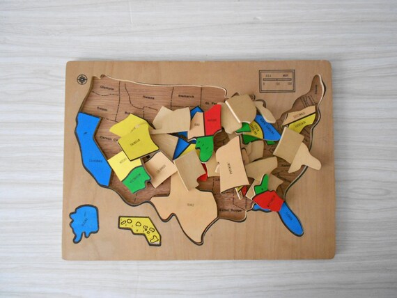 vintage wood puzzle map of the US // united states of america