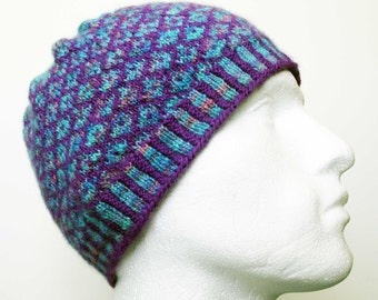 Fairisle Hat, Handspun Cap, Purple & Turquoise Toque, Unique Artisan Hat, OOAK Knit Beanie, Fairisle Handspun Knitted Hat, Spacedyed Yarn