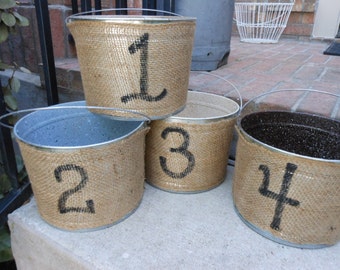 4 Buckets wrapped in Burlap painted with numbers 1-4 on 5 Qt BUCKETS and READY to ship