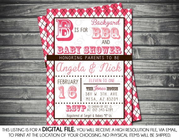 Girls Baby Shower Invitation - BBQ Theme, Argyle, Pink, Brown, Printable, Digital Il_570xn