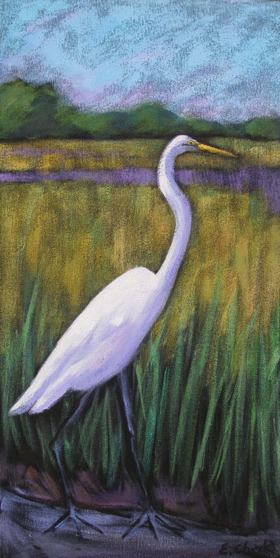 Egret II marsh bird acrylic painting on canvas by emilycheekart