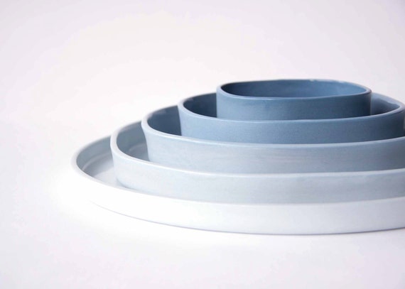 THE SET of 5 porcelain plates, ceramic design dishes, ombre, gradient of blue, square to circle