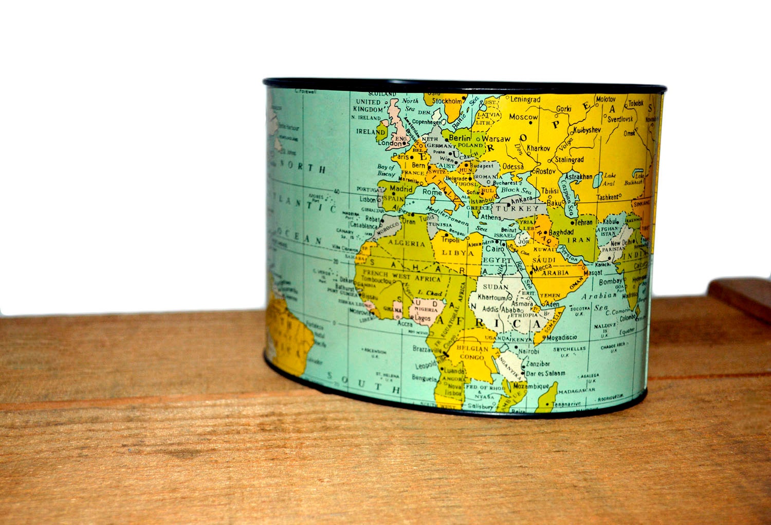 Vintage World Map Tin Container Office Storage by BananasDesign