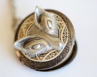 Personalization Locket Necklace,Fox Locket,Antique Locket,Silver Locket,Woodland,Fox Necklace