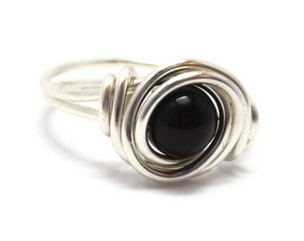 Silver Black onyx Ring, Wire Wrapped Jewelry