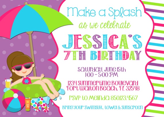 for 6th girl birthday invitation wording 5x7 Girl PRINTABLE Birthday Swimming Pool Invitation Party