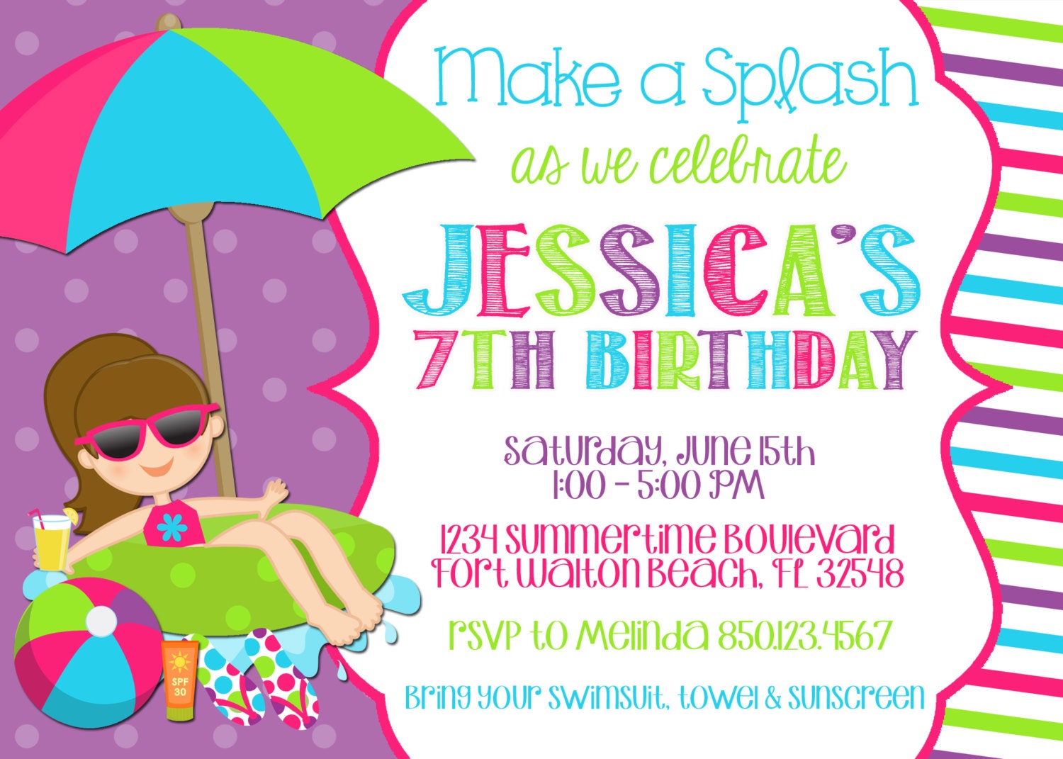 mail for pizza party invitation 5x7 Swimming Girl PRINTABLE Party Invitation Birthday Pool